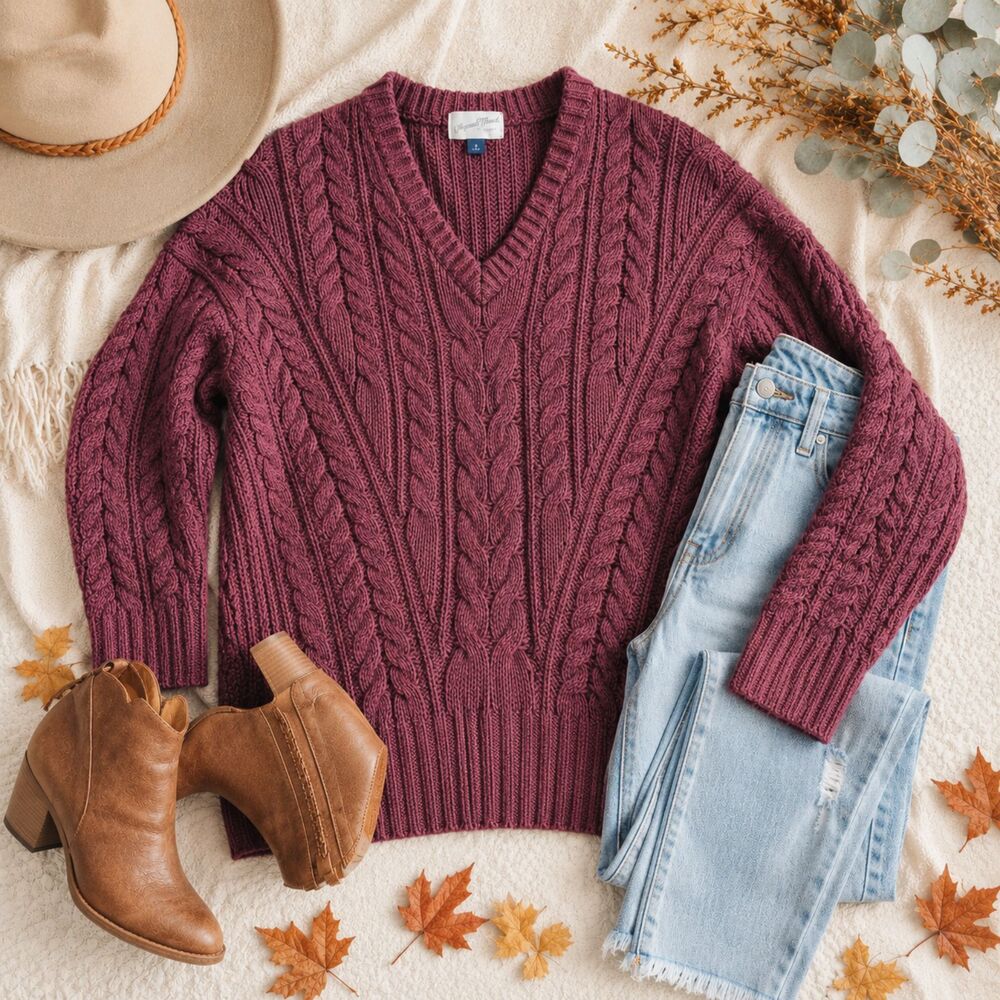 Universal Thread Burgundy Cable Knit V Neck Sweater Women's Medium Cozy